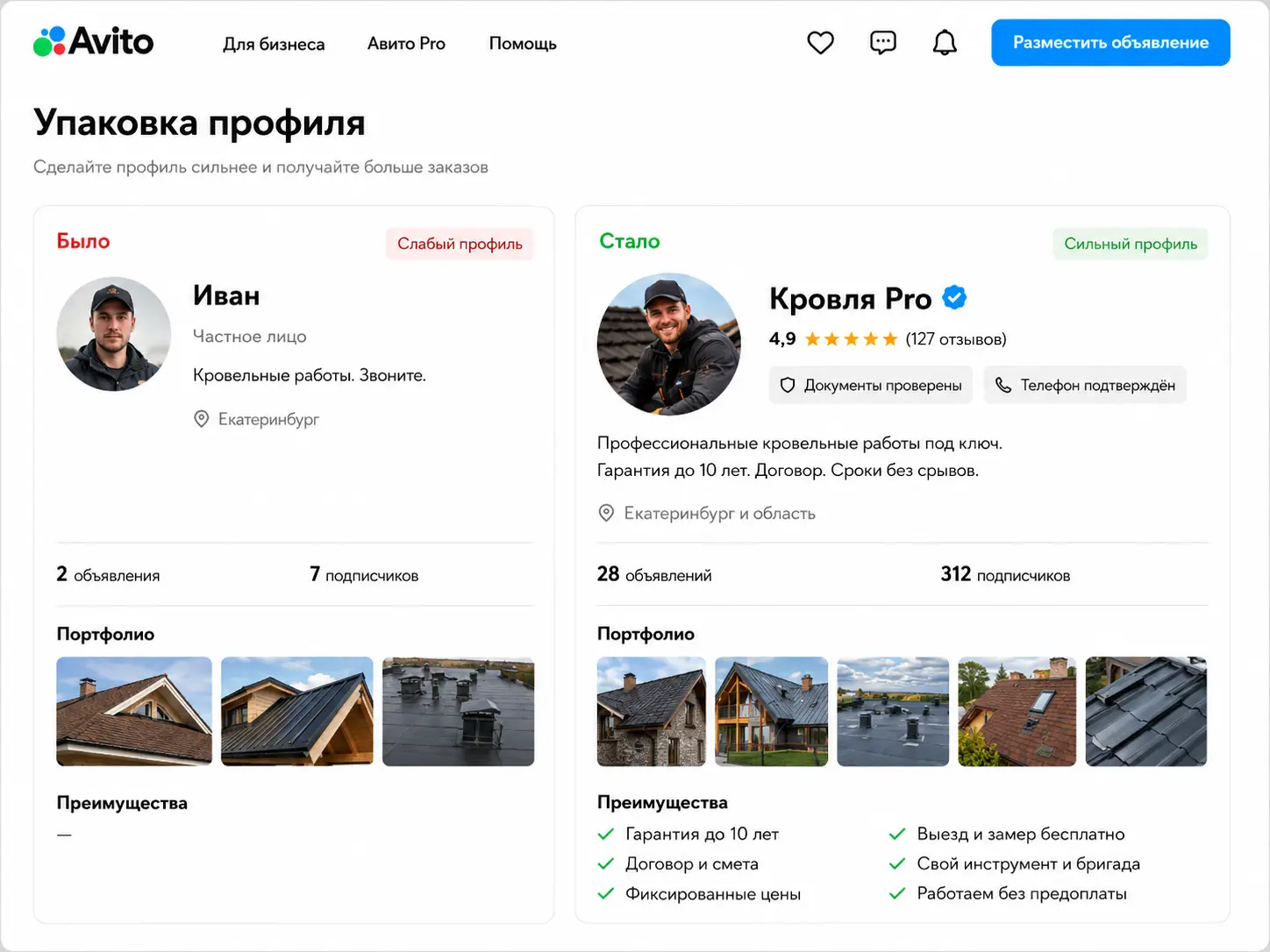 Упаковка профиля Авито